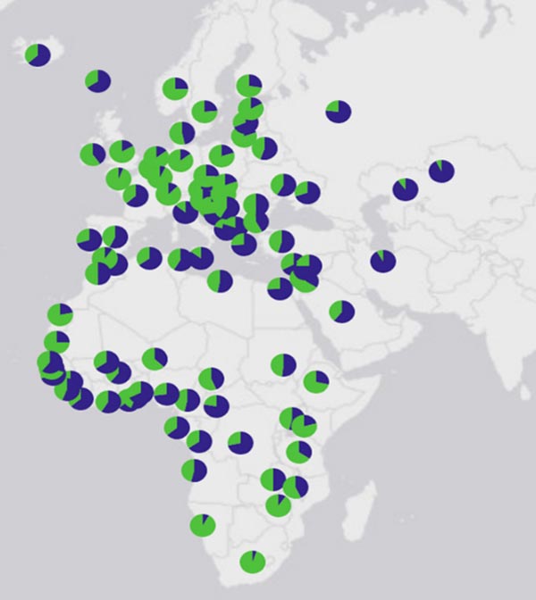 Fig. 1: Map of the overall dataset. For each country (centroids of coordinates/country) a pie-chart shows the frequency of intentional killing of birds (dark blue) and of birds that died as a result of other identifiable causes (e.g. killed by predator, road casualty)  (green)