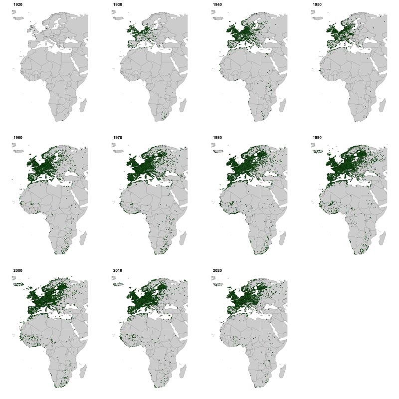 Distribution of recoveries of birds by decade.